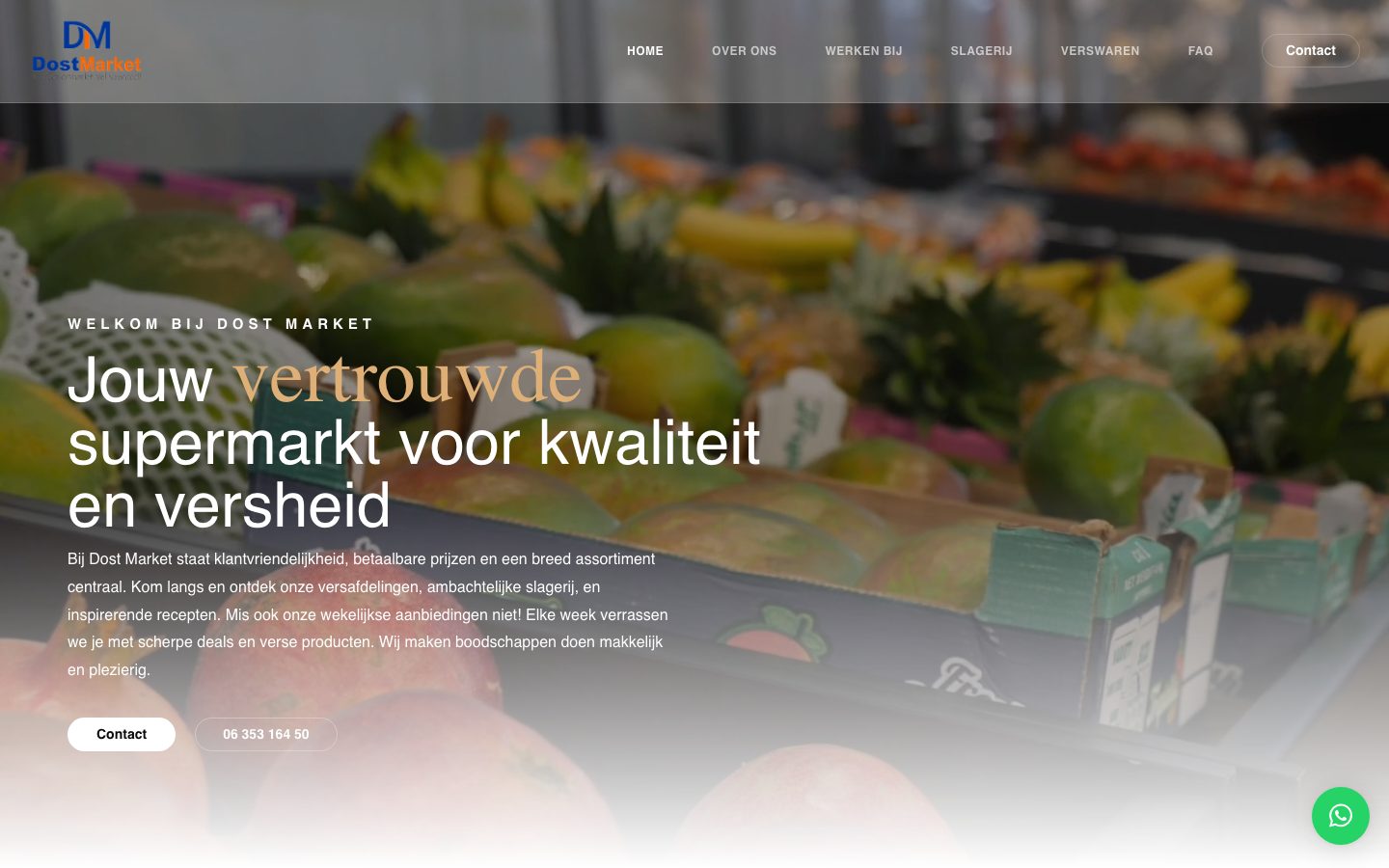 Homepage van Dost Market met de kop "Jouw vertrouwde supermarkt voor kwaliteit en versheid"