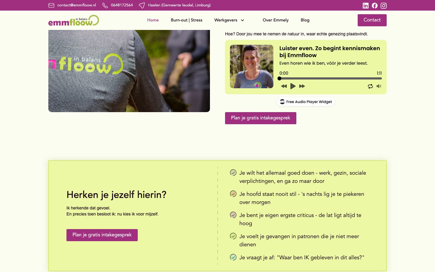 Sectie "Herken je jezelf hierin?" met een knop om een intakegesprek te plannen