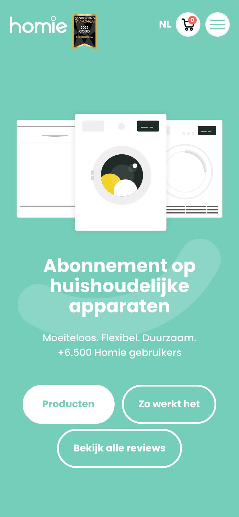 Homepage van Homie op een telefoon