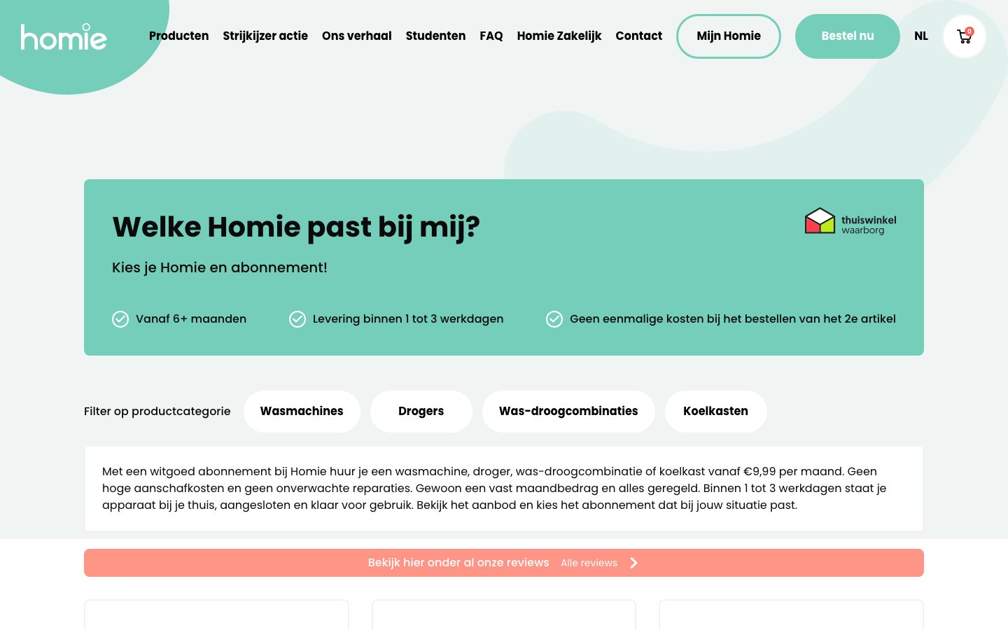 Shop met de vraag "Welke Homie past bij mij?" en filters per productcategorie