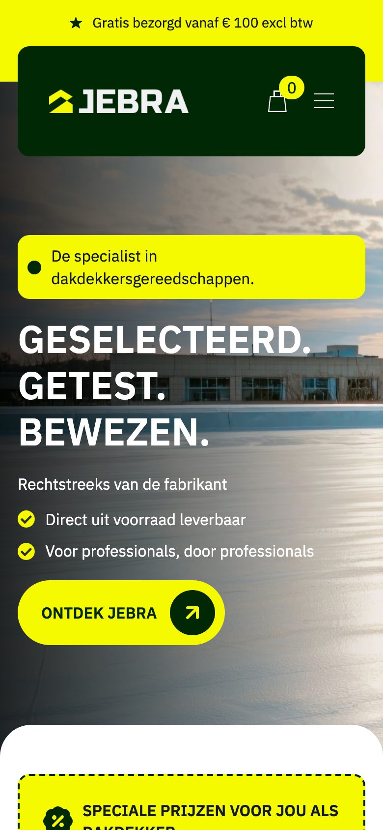 Homepage van Jebra op een telefoon