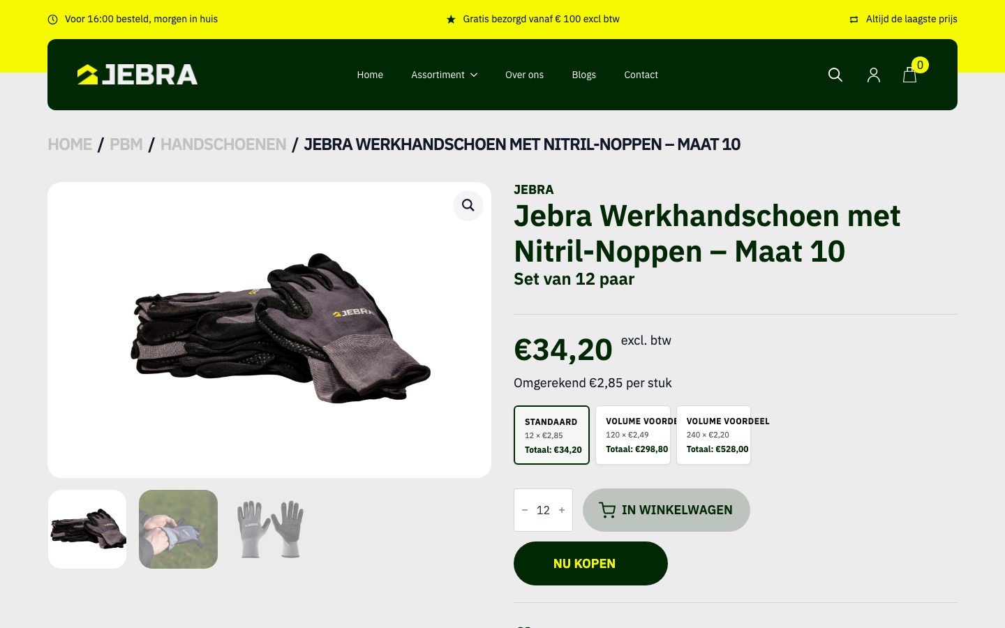 Productpagina van een werkhandschoen met setprijzen