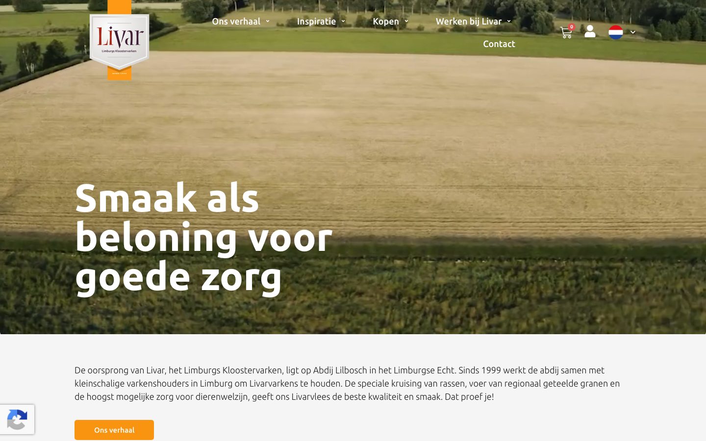 Homepage van Livar met de kop "Smaak als beloning voor goede zorg"