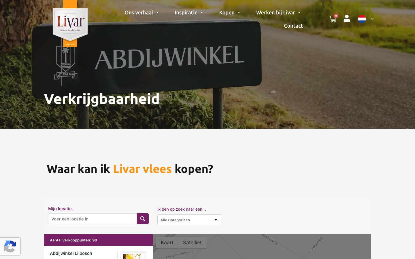 Pagina "Waar kan ik Livar vlees kopen?" met zoeker