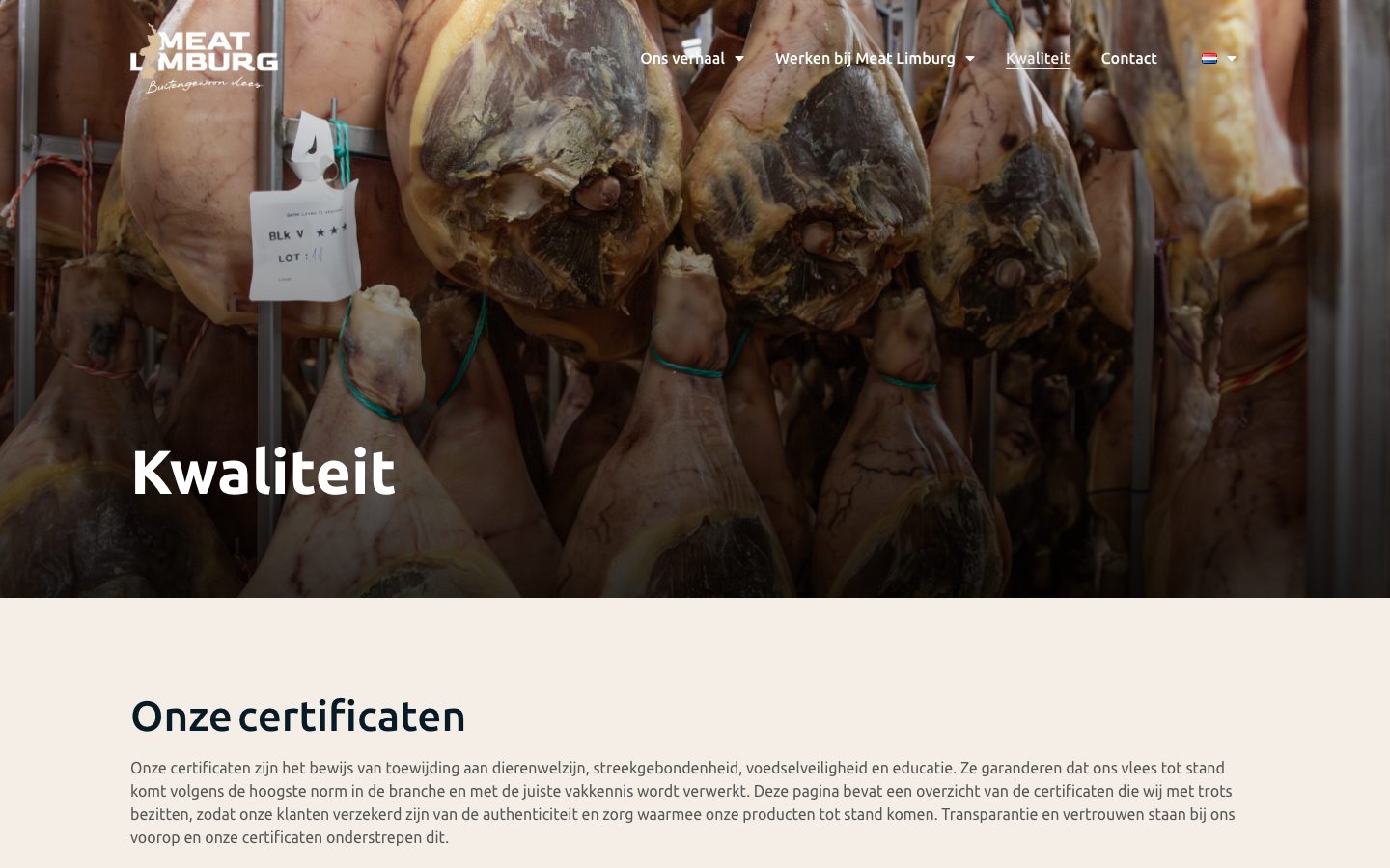 Pagina "Kwaliteit" met certificaten