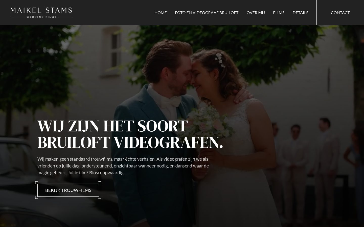 Homepage van MS Wedding Films met de kop "Wij zijn het soort bruiloft videografen."