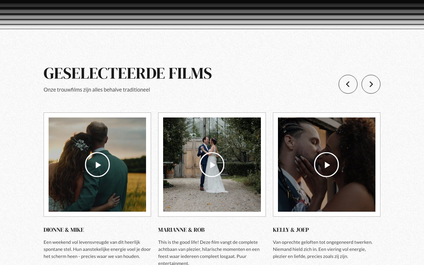 Sectie "Geselecteerde films" met drie trouwfilms