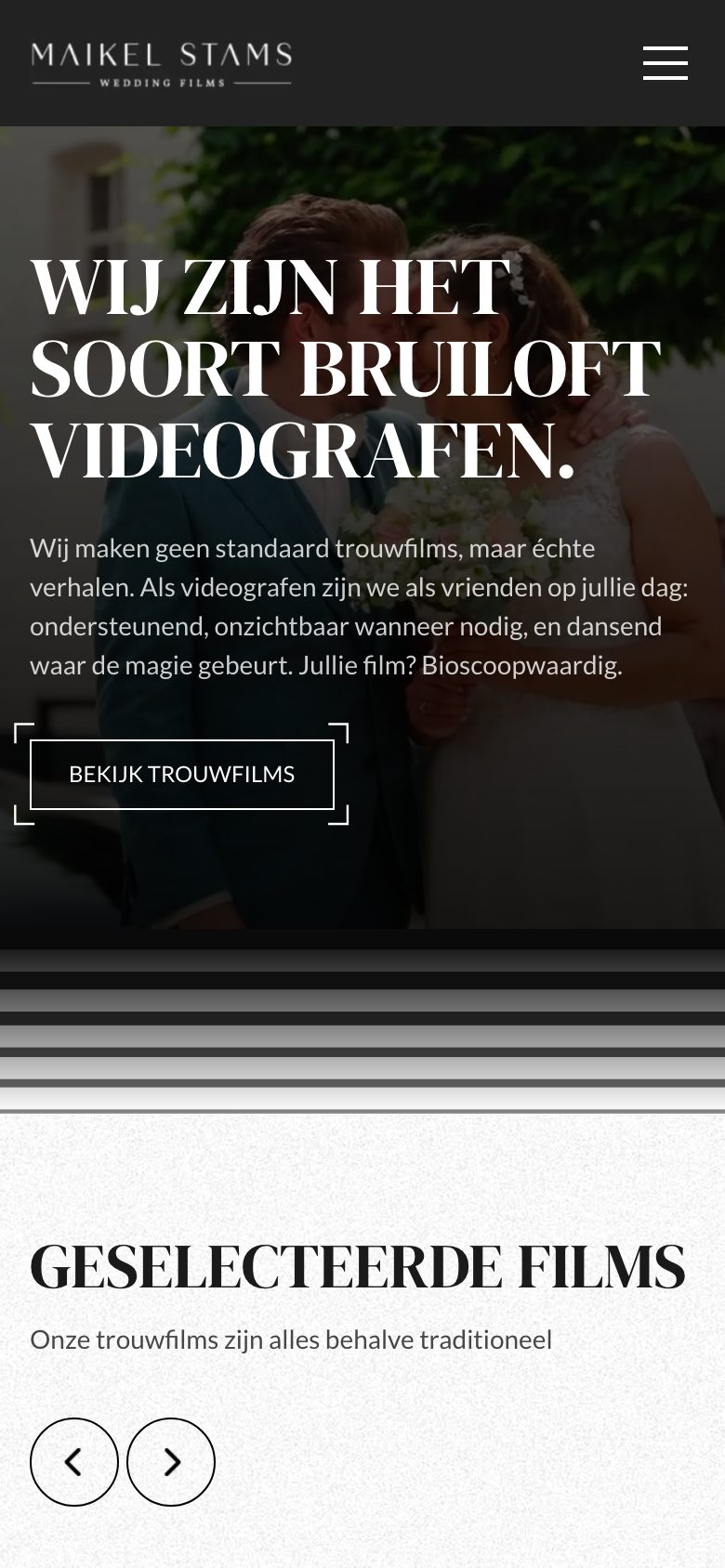 Homepage van MS Wedding Films op een telefoon
