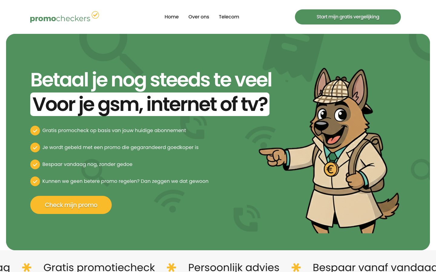 Homepage van PromoCheckers met de kop "Betaal je nog steeds te veel voor je gsm, internet of tv?"