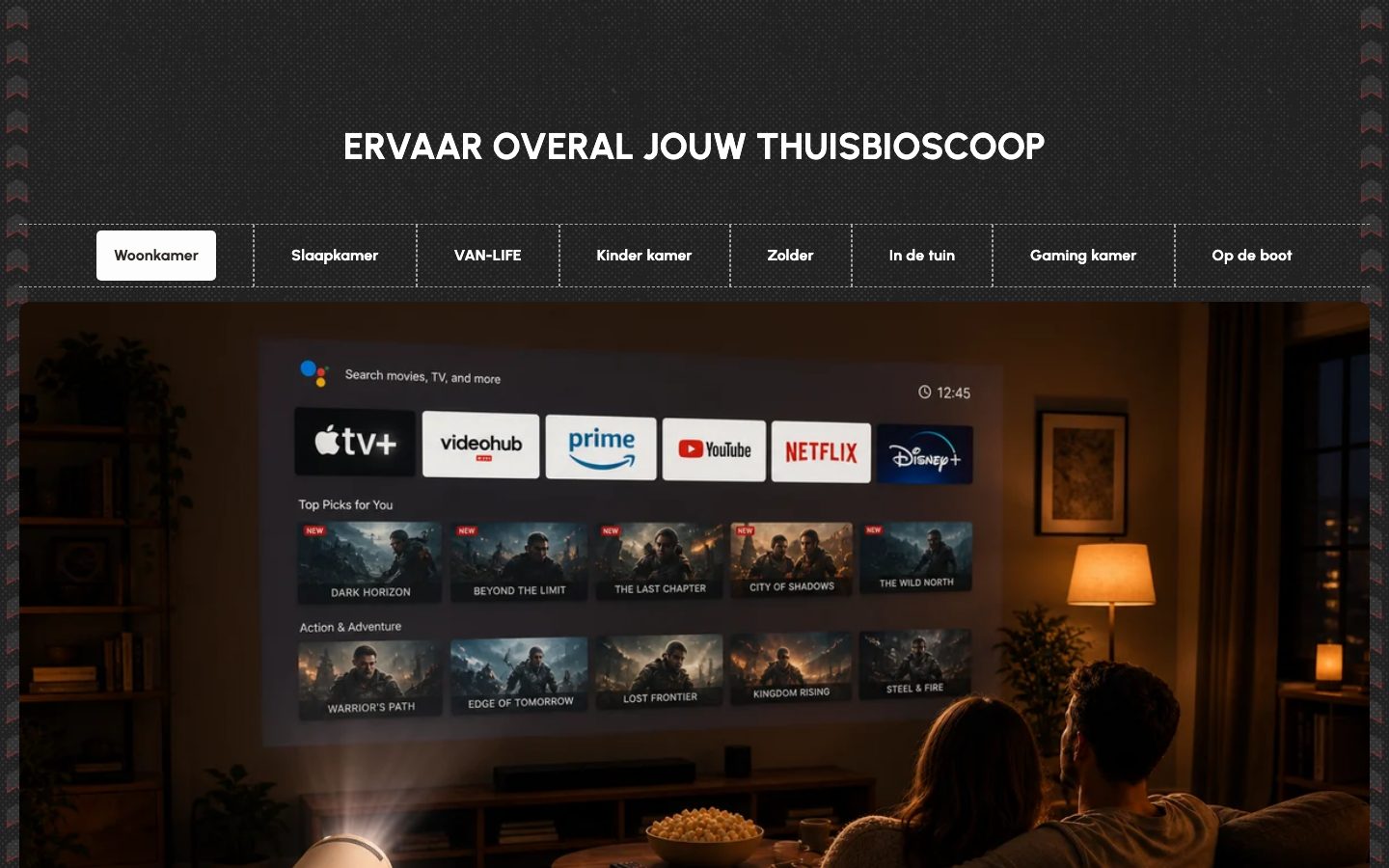 Sectie "Ervaar overal jouw thuisbioscoop" met tabbladen per ruimte
