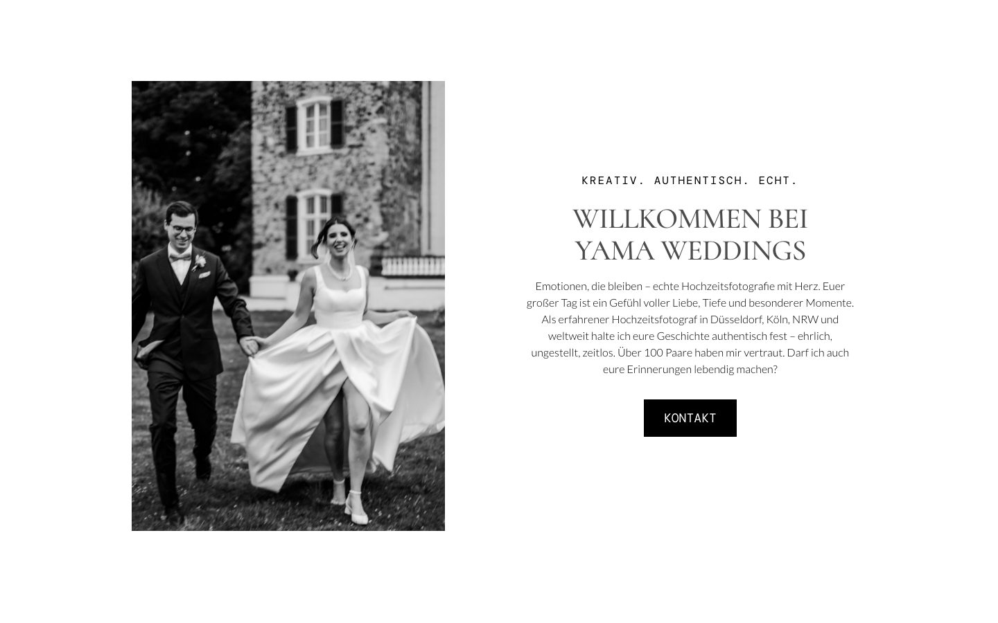 Sectie "Willkommen bei Yama Weddings" met een zwart-witfoto